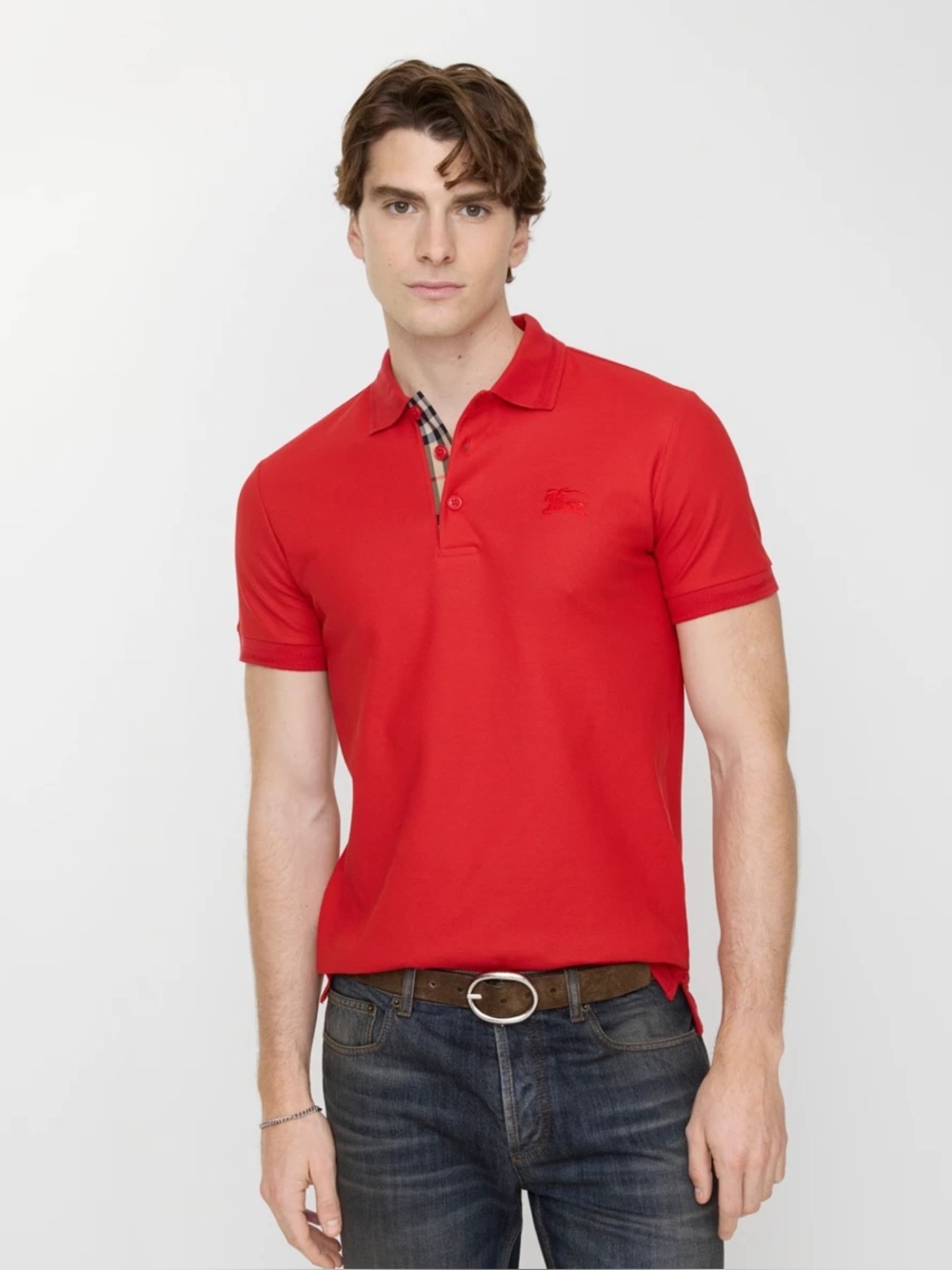 Burberry Cotton Polo T-Shirt Currant Red Size XL House Check Collar Pre-Owned